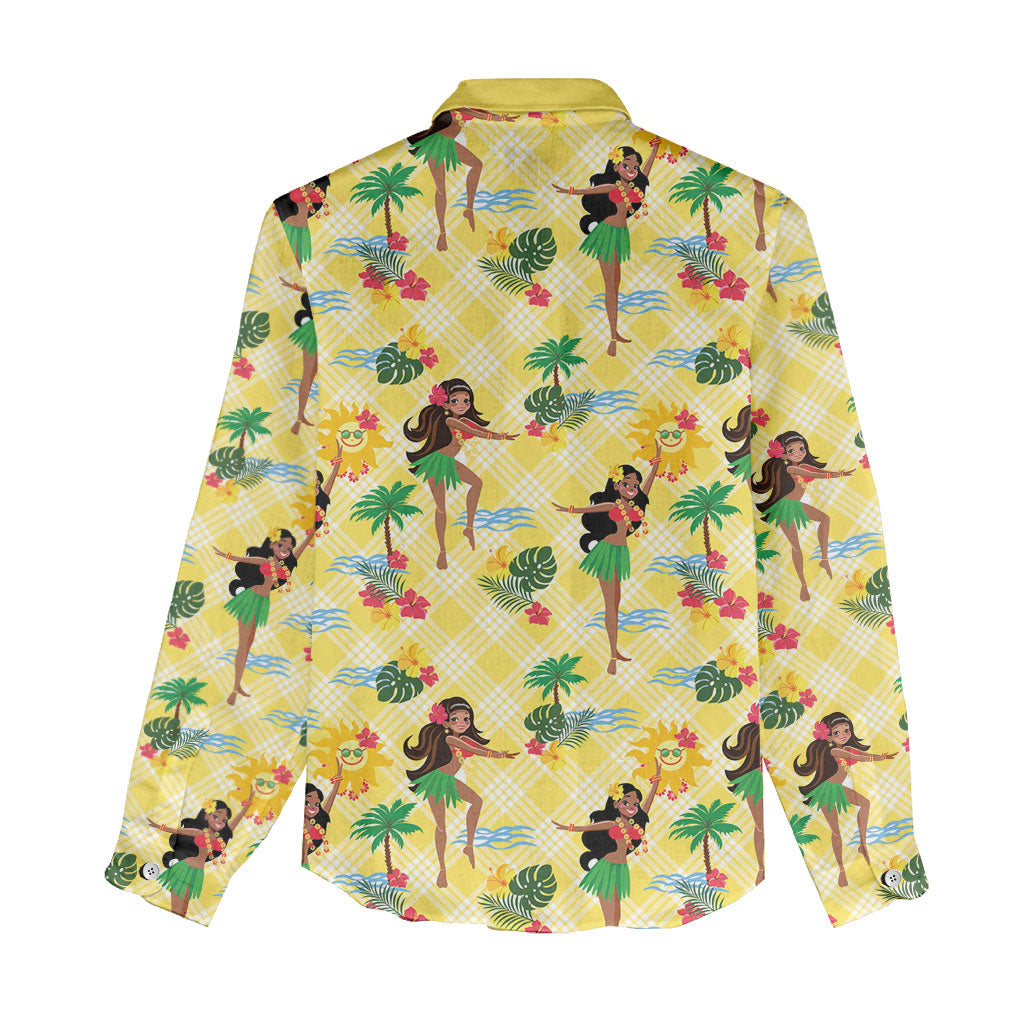 Hawaii Hula Girl Tropical Women Casual Shirt Yellow Palaka