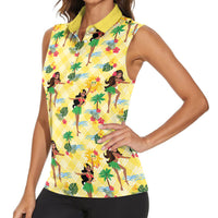 Hawaii Hula Girl Tropical Women Sleeveless Polo Shirt Yellow Palaka