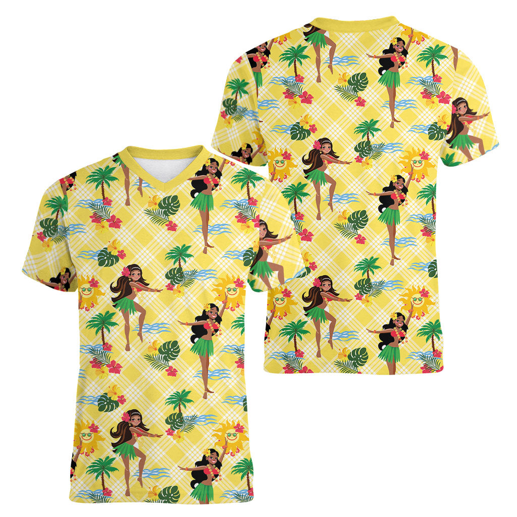 Hawaii Hula Girl Tropical Women V-Neck T-Shirt Yellow Palaka