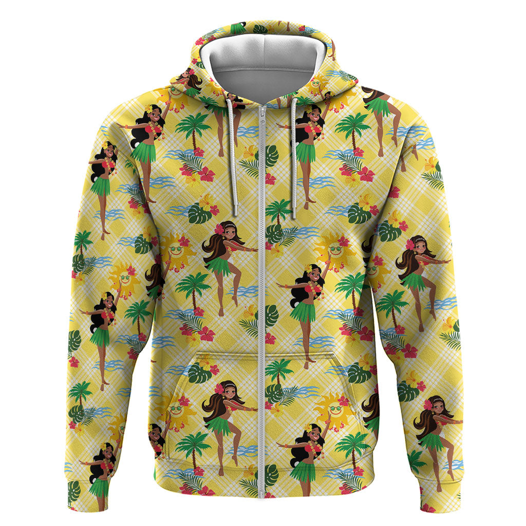 Hawaii Hula Girl Tropical Zip Hoodie Yellow Palaka