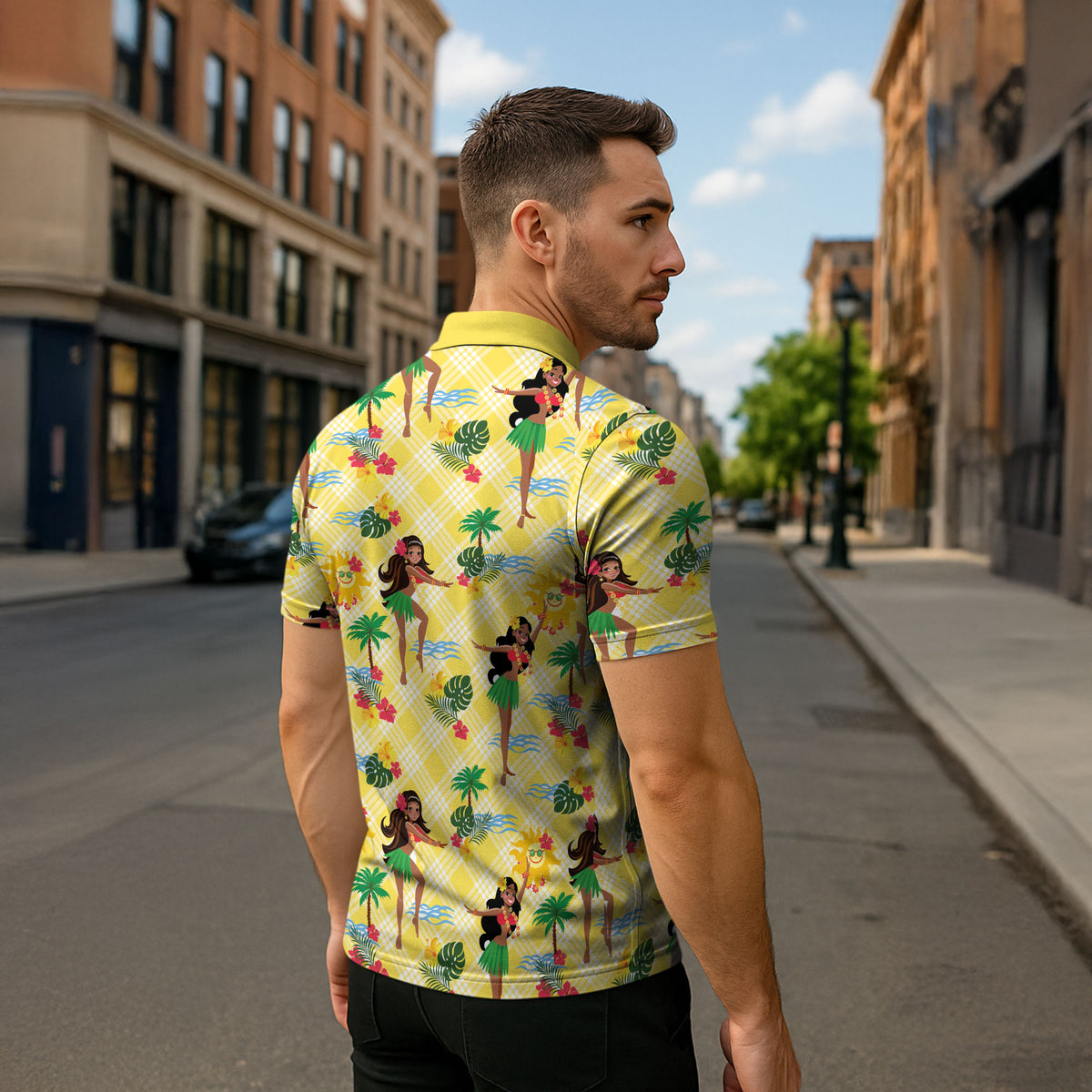 Hawaii Hula Girl Tropical Zipper Polo Shirt Yellow Palaka