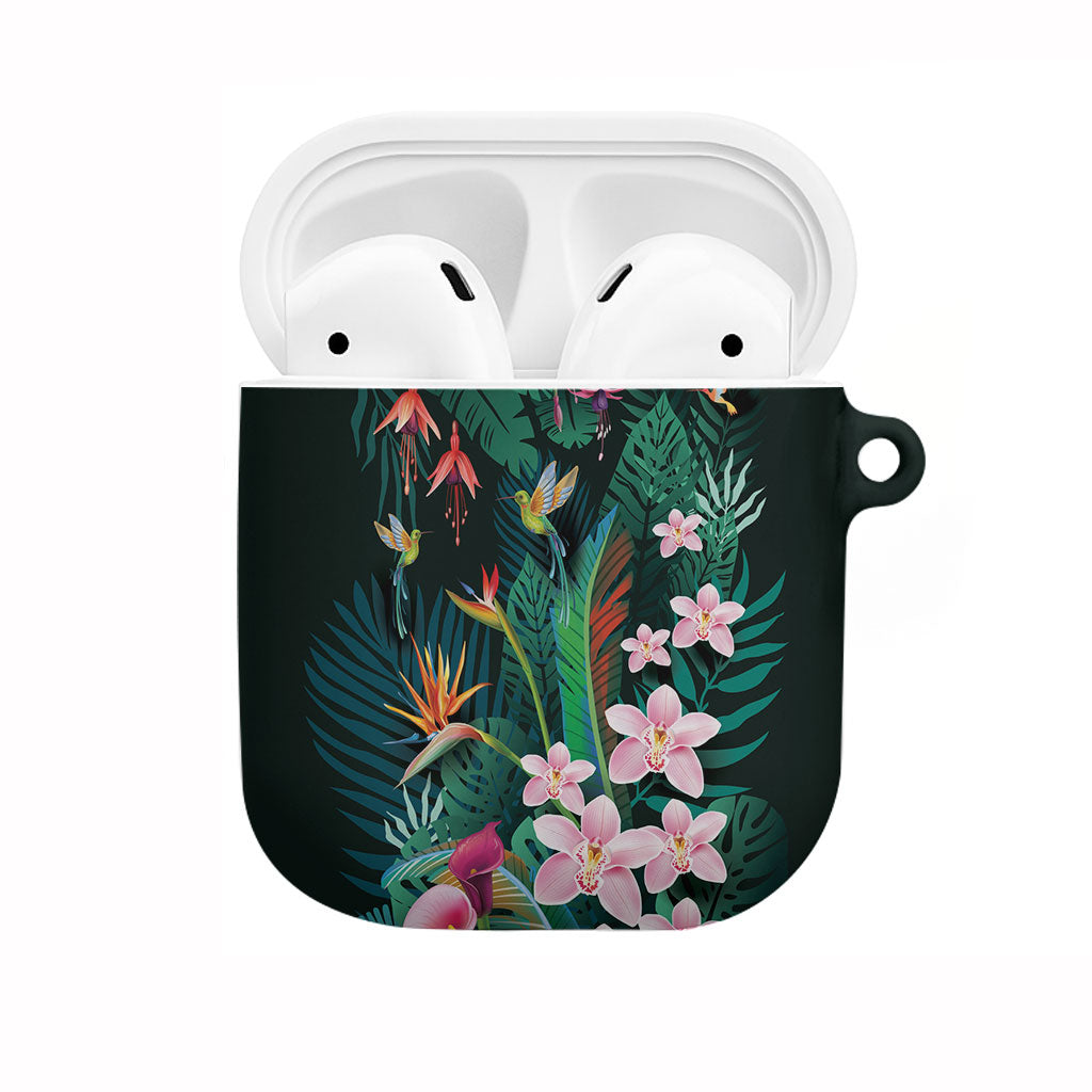 Hawaii Hummingbird Tropical Flowers AirPods Case Dark Green