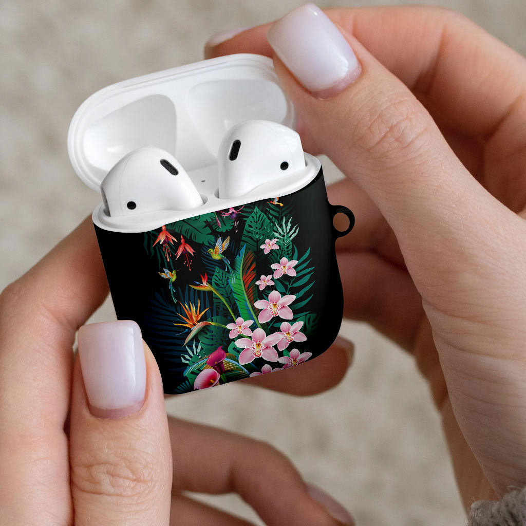 Hawaii Hummingbird Tropical Flowers AirPods Case Dark Green