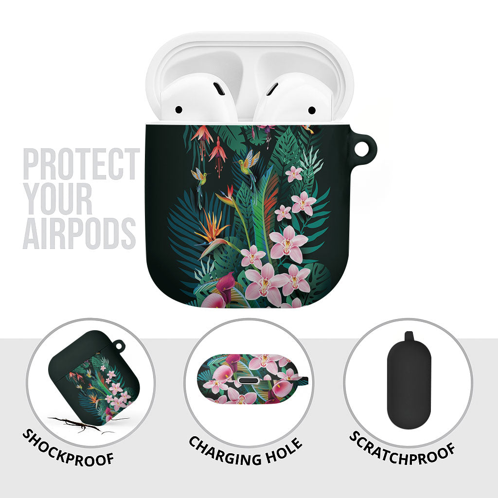Hawaii Hummingbird Tropical Flowers AirPods Case Dark Green