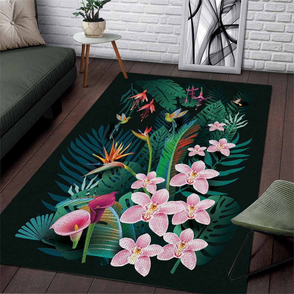 Hawaii Hummingbird Tropical Flowers Area Rug Dark Green