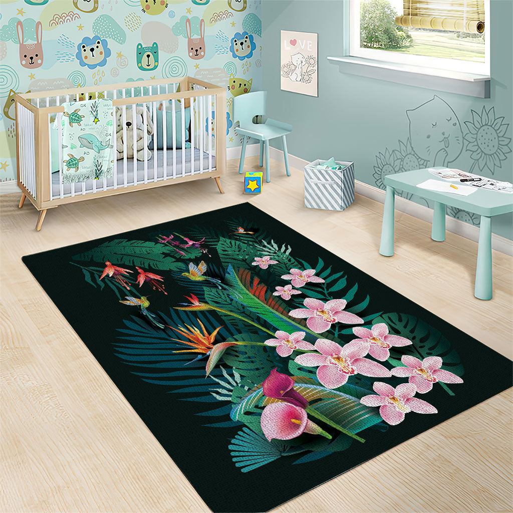 Hawaii Hummingbird Tropical Flowers Area Rug Dark Green