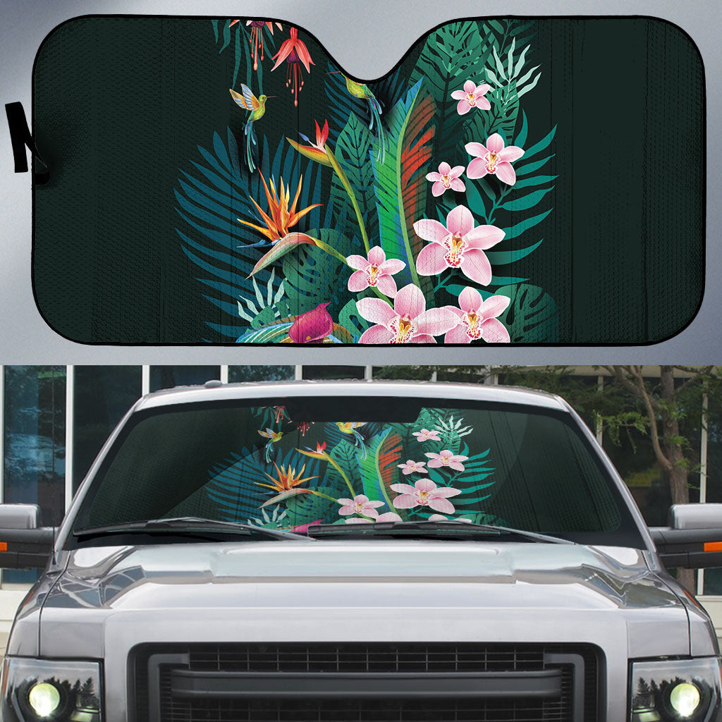Hawaii Hummingbird Tropical Flowers Auto Sun Shade Dark Green