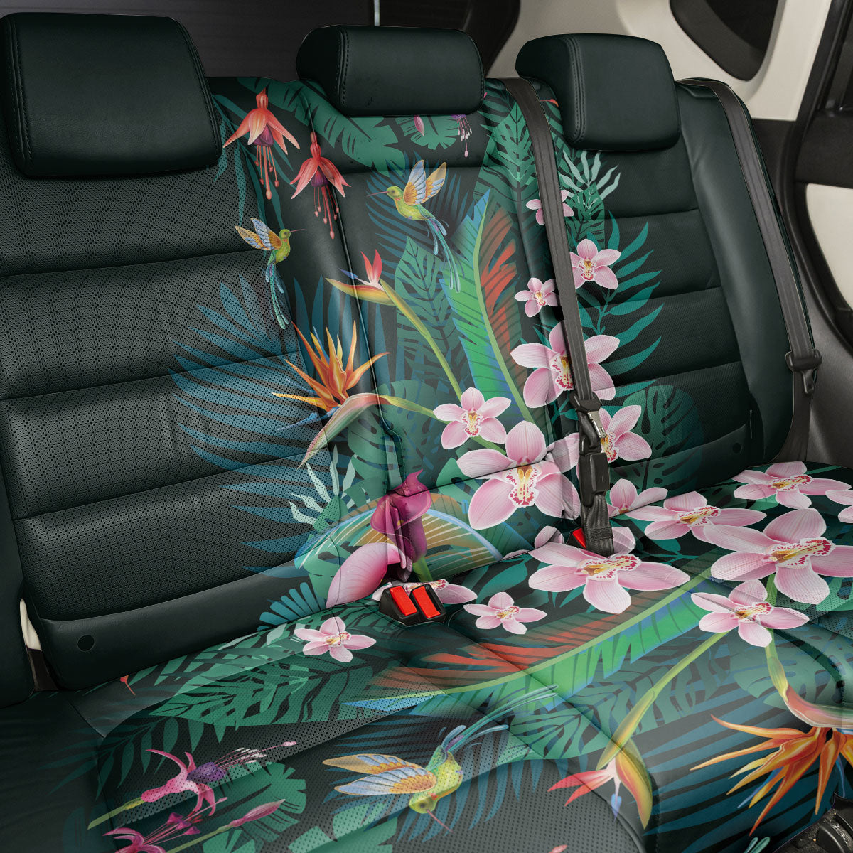 Hawaii Hummingbird Tropical Flowers Back Car Seat Cover Dark Green