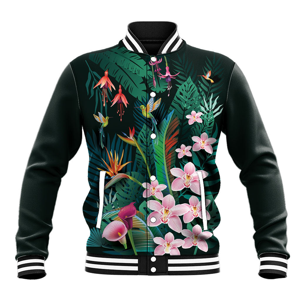 Hawaii Hummingbird Tropical Flowers Baseball Jacket Dark Green