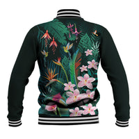 Hawaii Hummingbird Tropical Flowers Baseball Jacket Dark Green
