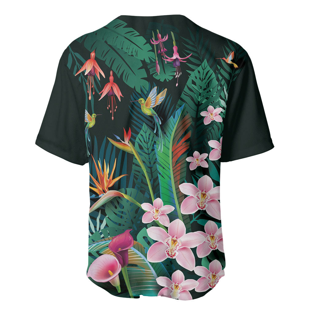 Hawaii Hummingbird Tropical Flowers Baseball Jersey Dark Green