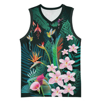 Hawaii Hummingbird Tropical Flowers Basketball Jersey Dark Green