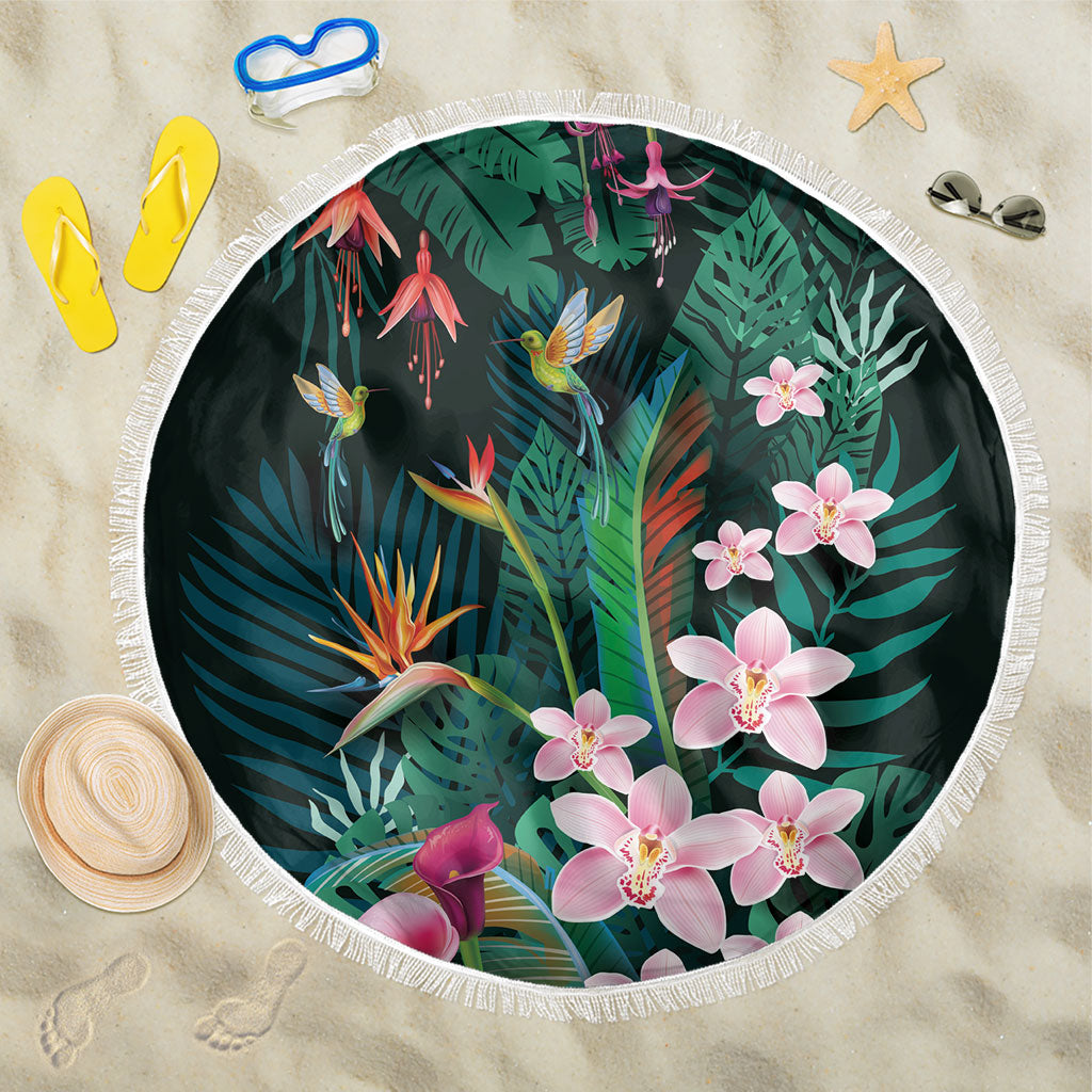 Hawaii Hummingbird Tropical Flowers Beach Blanket Dark Green LT01 One Size 150cm Green - Polynesian Pride