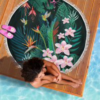 Hawaii Hummingbird Tropical Flowers Beach Blanket Dark Green