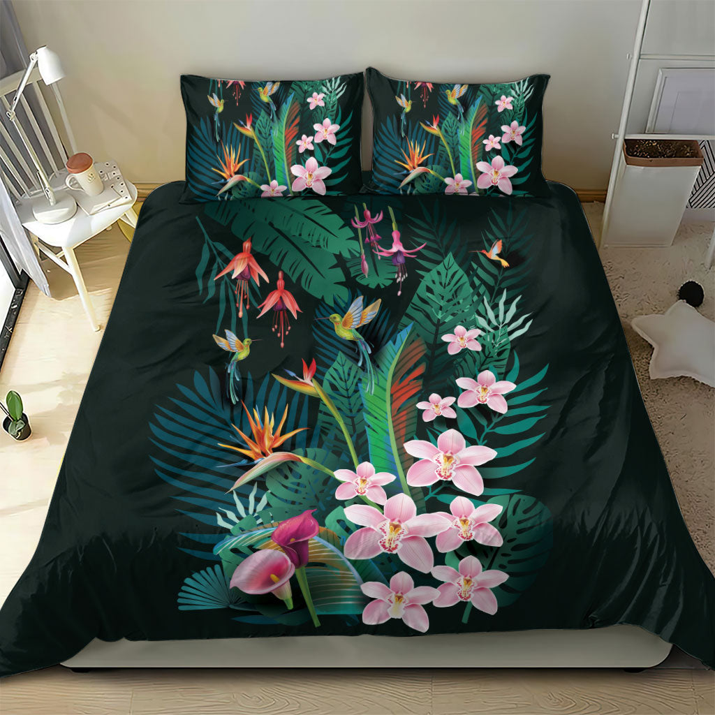 Hawaii Hummingbird Tropical Flowers Bedding Set Dark Green