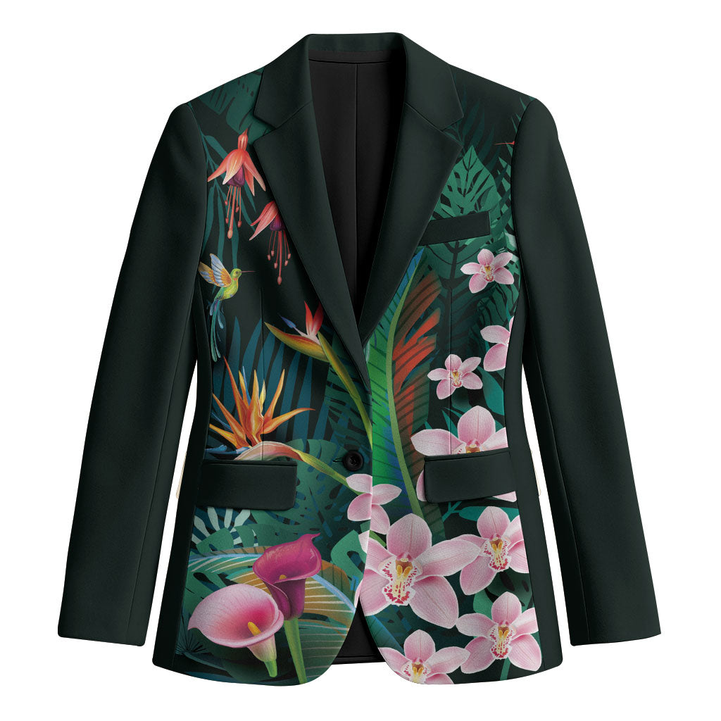 Hawaii Hummingbird Tropical Flowers Blazer Dark Green