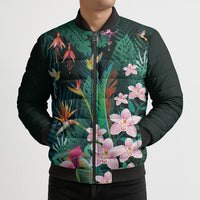 Hawaii Hummingbird Tropical Flowers Bomber Puffer Jacket Dark Green