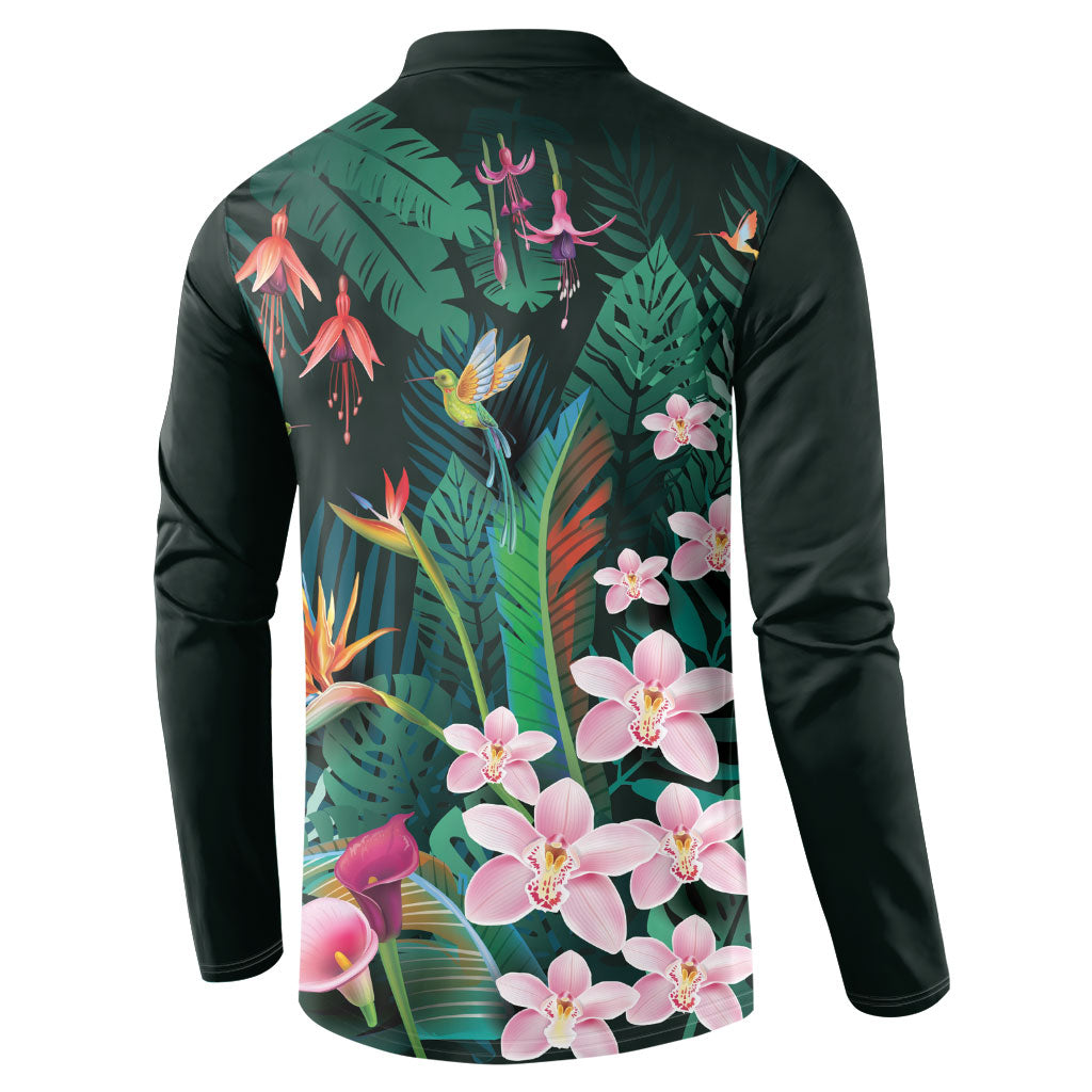 Hawaii Hummingbird Tropical Flowers Button Sweatshirt Dark Green