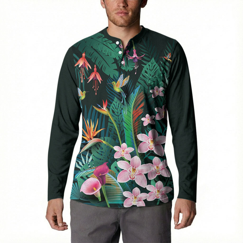 Hawaii Hummingbird Tropical Flowers Button Sweatshirt Dark Green