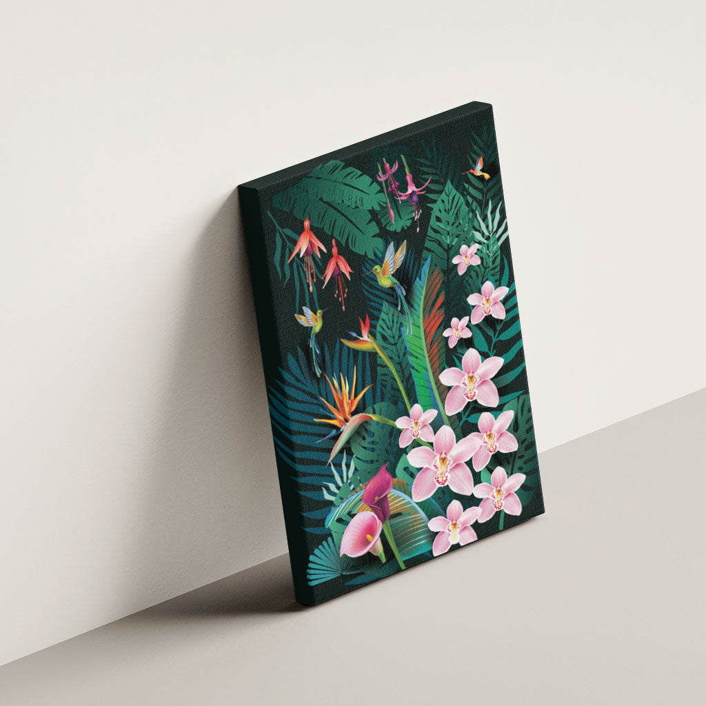 Hawaii Hummingbird Tropical Flowers Canvas Wall Art Dark Green