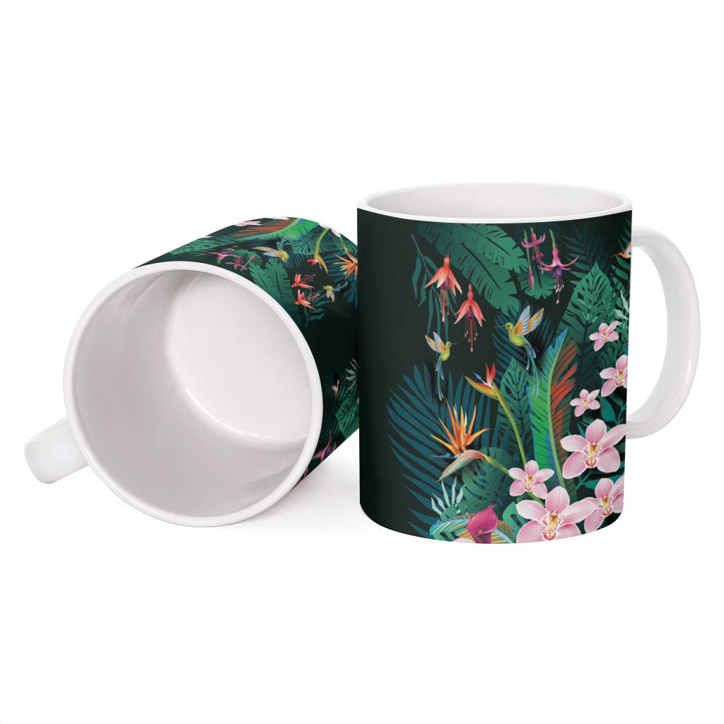 Hawaii Hummingbird Tropical Flowers Ceramic Mug Dark Green