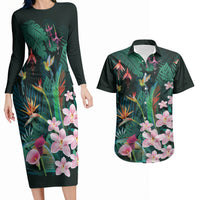 Hawaii Hummingbird Tropical Flowers Couples Matching Long Sleeve Bodycon Dress and Hawaiian Shirt Dark Green