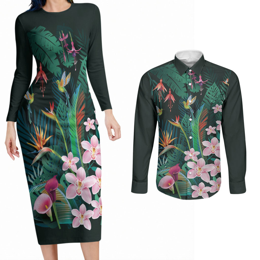 Hawaii Hummingbird Tropical Flowers Couples Matching Long Sleeve Bodycon Dress and Long Sleeve Button Shirt Dark Green