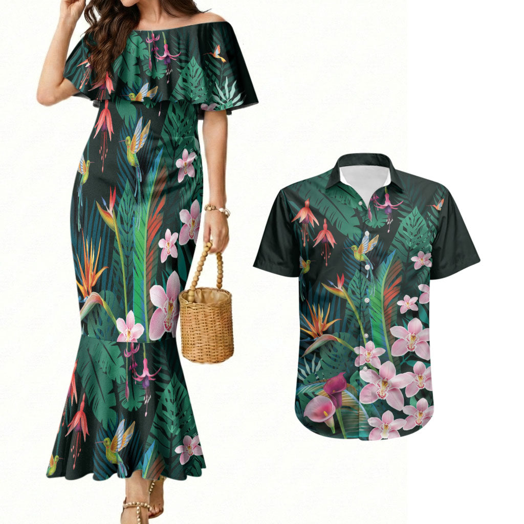 Hawaii Hummingbird Tropical Flowers Couples Matching Mermaid Dress and Hawaiian Shirt Dark Green