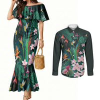 Hawaii Hummingbird Tropical Flowers Couples Matching Mermaid Dress and Long Sleeve Button Shirt Dark Green
