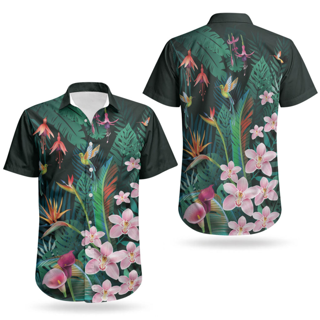 Hawaii Hummingbird Tropical Flowers Couples Matching Off Shoulder Maxi Dress and Hawaiian Shirt Dark Green