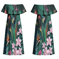 Hawaii Hummingbird Tropical Flowers Couples Matching Off Shoulder Maxi Dress and Hawaiian Shirt Dark Green