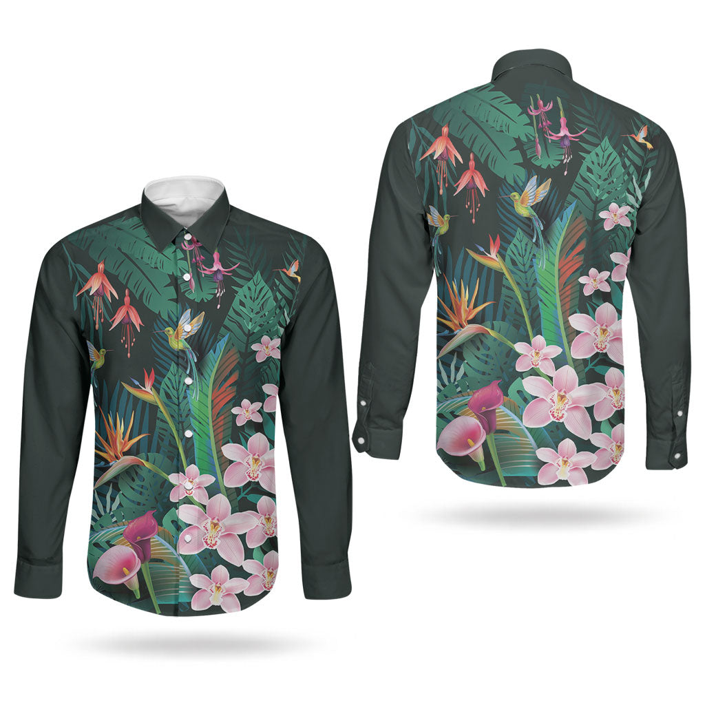 Hawaii Hummingbird Tropical Flowers Couples Matching Off Shoulder Maxi Dress and Long Sleeve Button Shirt Dark Green