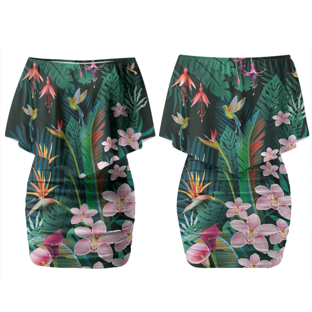 Hawaii Hummingbird Tropical Flowers Couples Matching Off Shoulder Short Dress and Hawaiian Shirt Dark Green