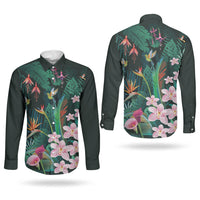 Hawaii Hummingbird Tropical Flowers Couples Matching Off Shoulder Short Dress and Long Sleeve Button Shirt Dark Green