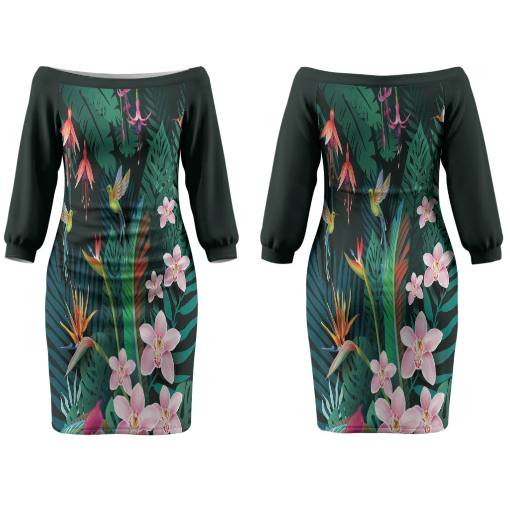 Hawaii Hummingbird Tropical Flowers Couples Matching Off The Shoulder Long Sleeve Dress and Hawaiian Shirt Dark Green
