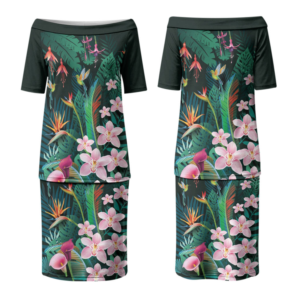 Hawaii Hummingbird Tropical Flowers Couples Matching Puletasi and Hawaiian Shirt Dark Green