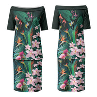 Hawaii Hummingbird Tropical Flowers Couples Matching Puletasi and Long Sleeve Button Shirt Dark Green