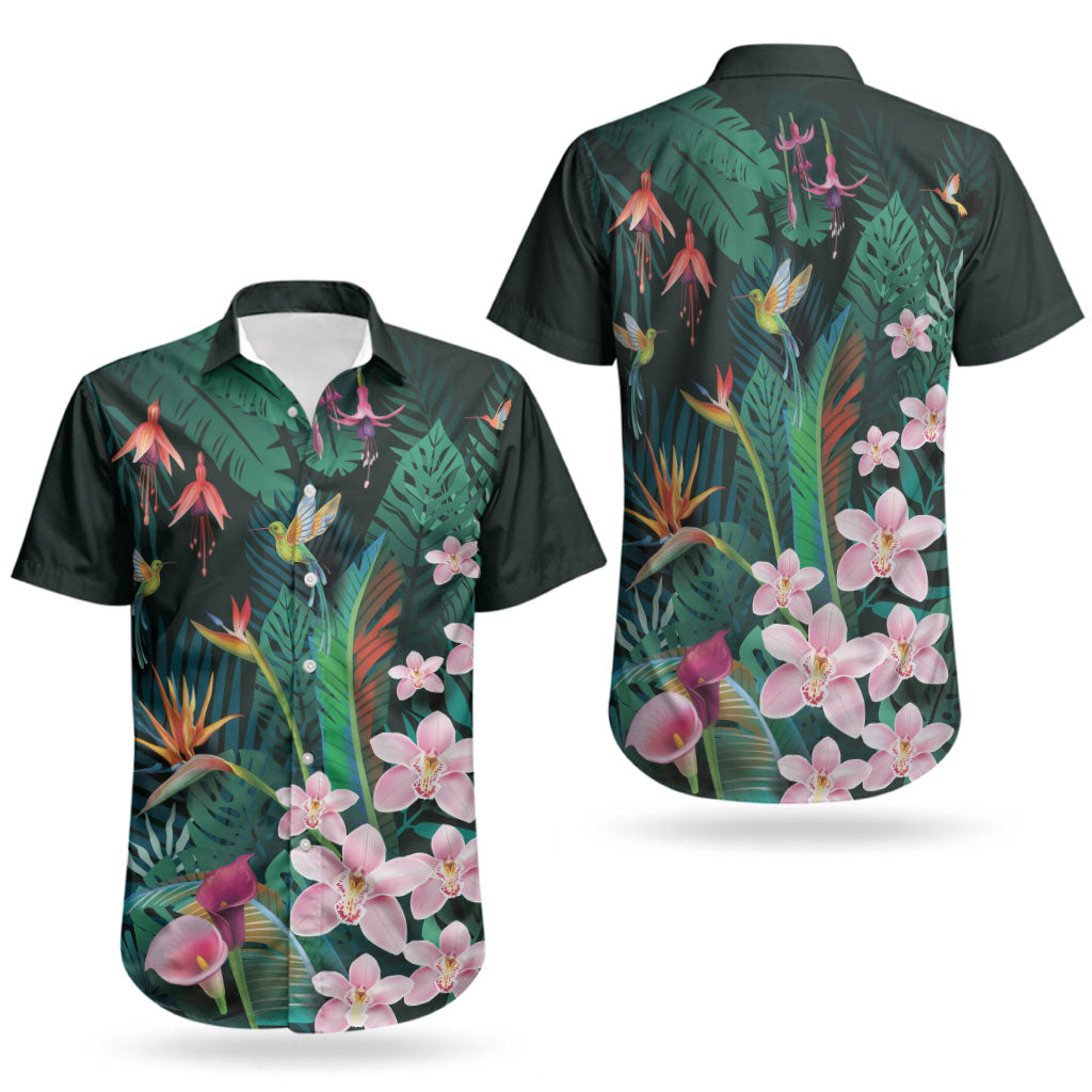 Hawaii Hummingbird Tropical Flowers Couples Matching Short Sleeve Bodycon Dress and Hawaiian Shirt Dark Green