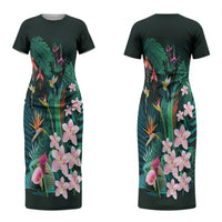 Hawaii Hummingbird Tropical Flowers Couples Matching Short Sleeve Bodycon Dress and Hawaiian Shirt Dark Green