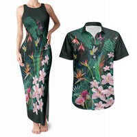 Hawaii Hummingbird Tropical Flowers Couples Matching Tank Maxi Dress and Hawaiian Shirt Dark Green