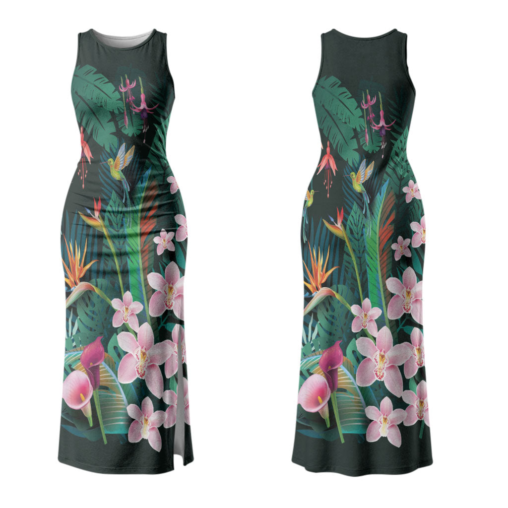 Hawaii Hummingbird Tropical Flowers Couples Matching Tank Maxi Dress and Long Sleeve Button Shirt Dark Green