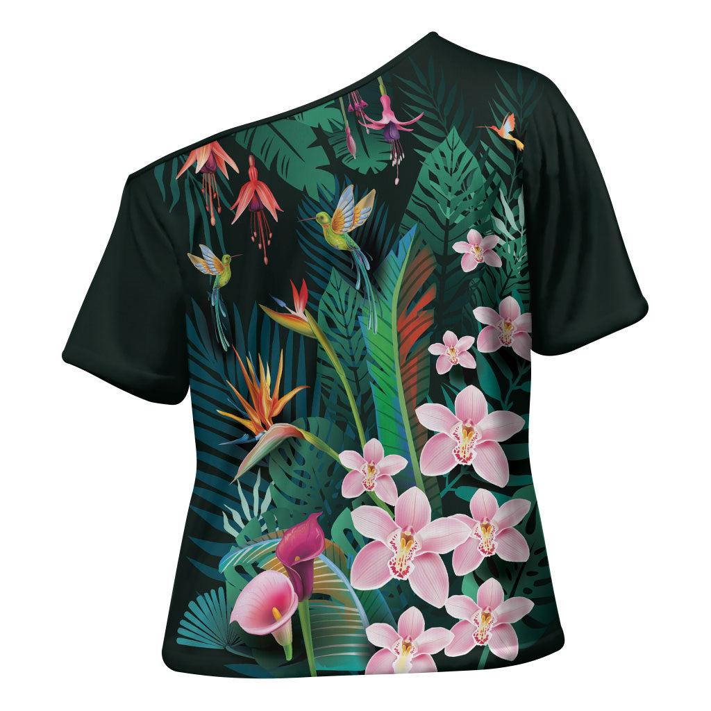 Hawaii Hummingbird Tropical Flowers Cross Shoulder Shirt Dark Green