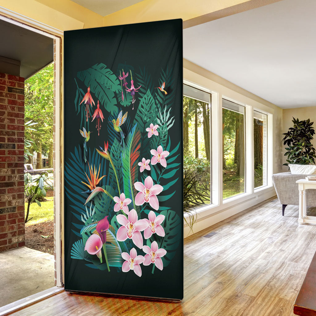 Hawaii Hummingbird Tropical Flowers Door Cover Dark Green