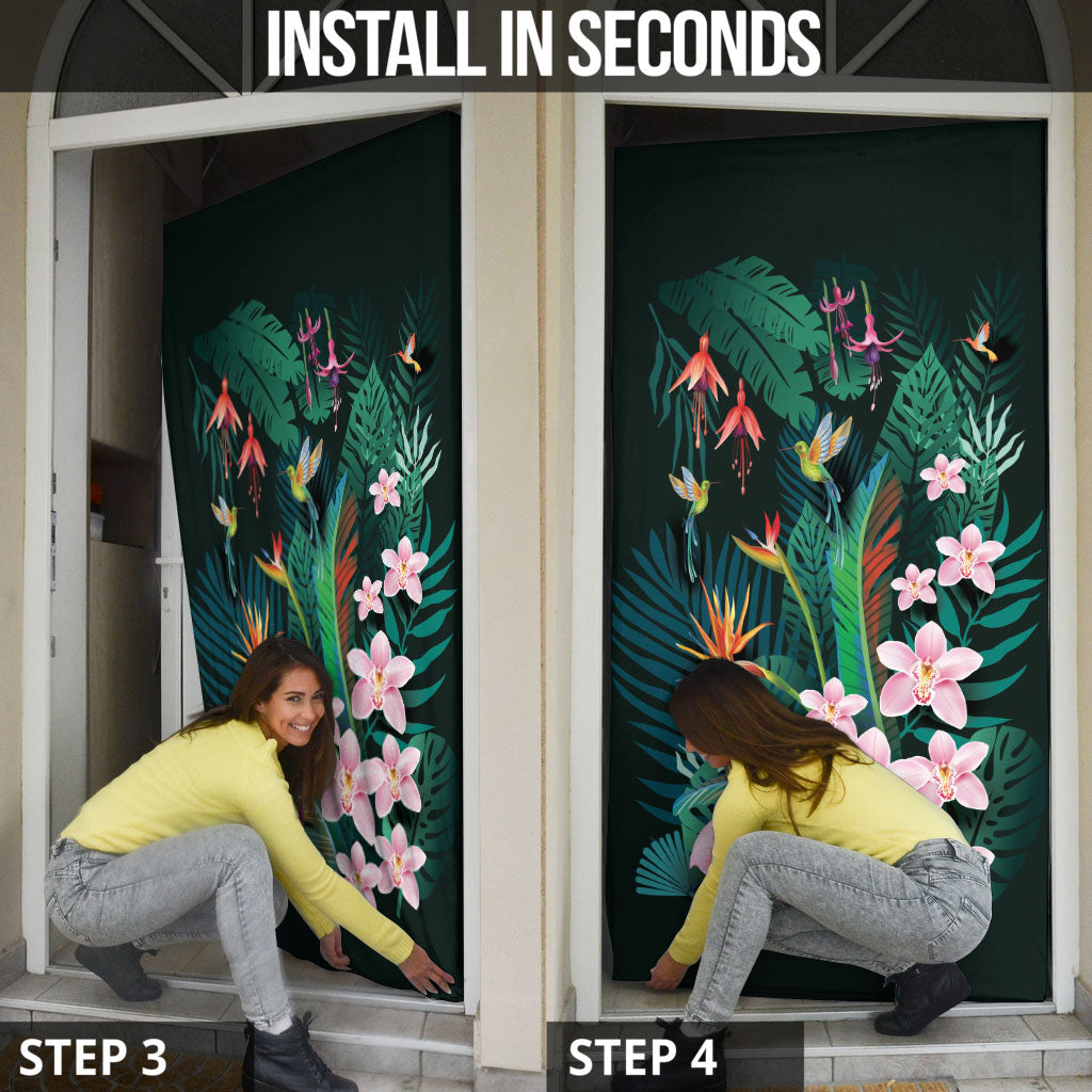 Hawaii Hummingbird Tropical Flowers Door Cover Dark Green