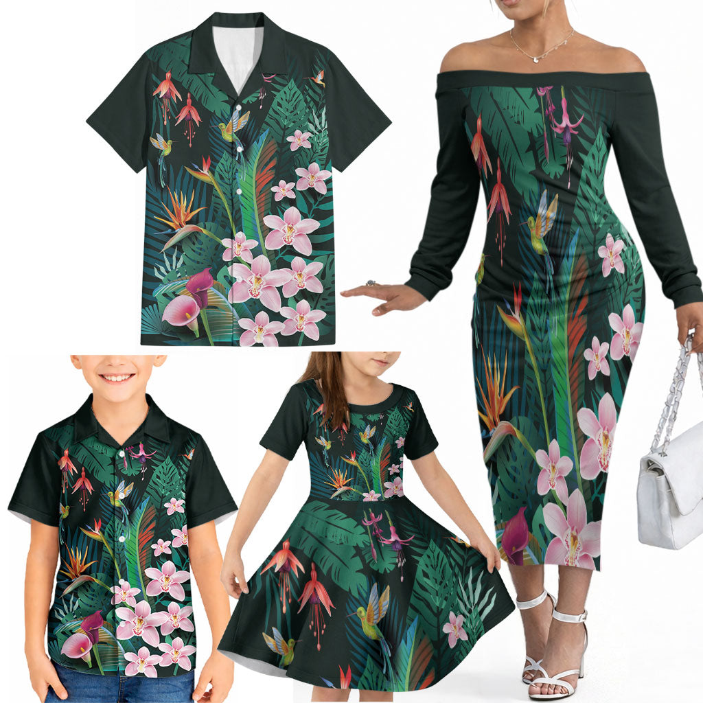 Hawaii Hummingbird Tropical Flowers Family Matching Off The Shoulder Long Sleeve Dress and Hawaiian Shirt Dark Green
