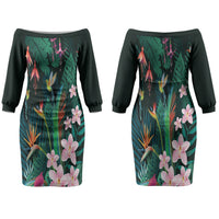 Hawaii Hummingbird Tropical Flowers Family Matching Off The Shoulder Long Sleeve Dress and Hawaiian Shirt Dark Green