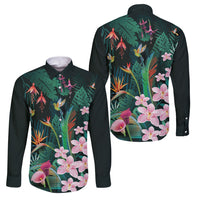 Hawaii Hummingbird Tropical Flowers Family Matching Off Shoulder Maxi Dress and Hawaiian Shirt Dark Green