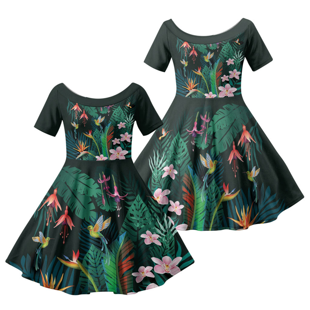 Hawaii Hummingbird Tropical Flowers Family Matching Off Shoulder Maxi Dress and Hawaiian Shirt Dark Green