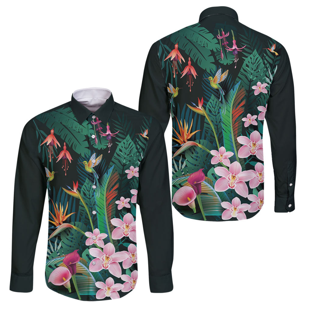 Hawaii Hummingbird Tropical Flowers Family Matching Off Shoulder Short Dress and Hawaiian Shirt Dark Green