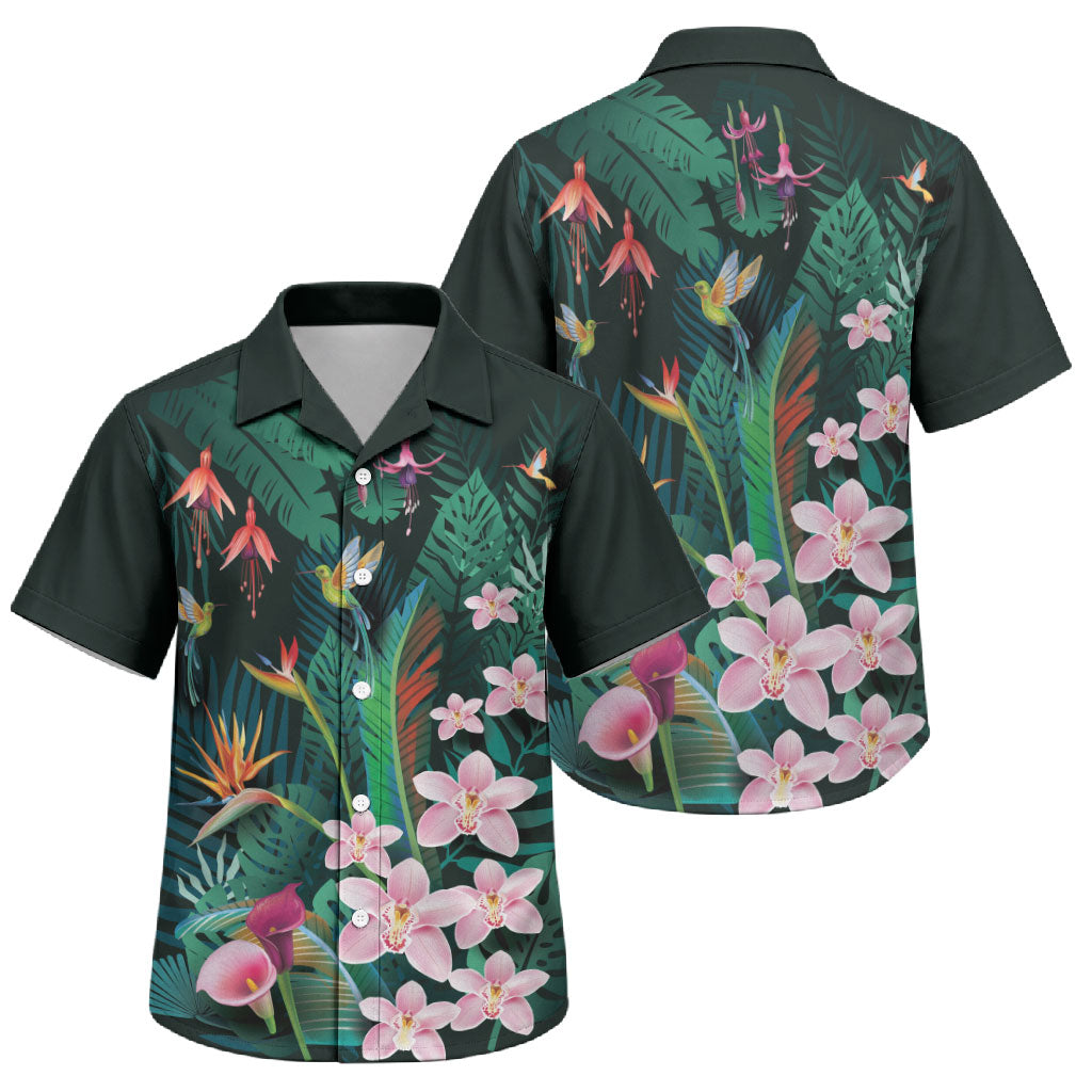 Hawaii Hummingbird Tropical Flowers Family Matching Off Shoulder Short Dress and Hawaiian Shirt Dark Green
